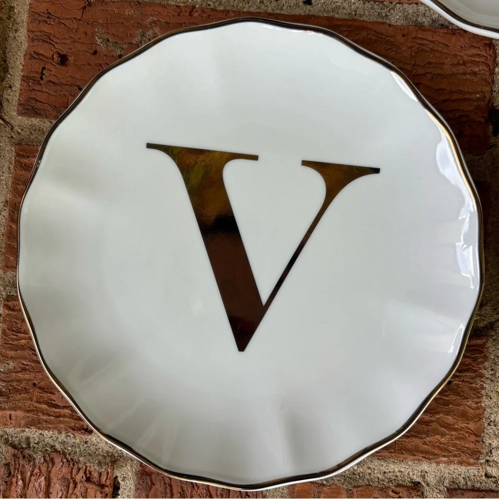 Set of 3 New Williams Sonoma White & Gold Monogram Initial V Appetizer Plates